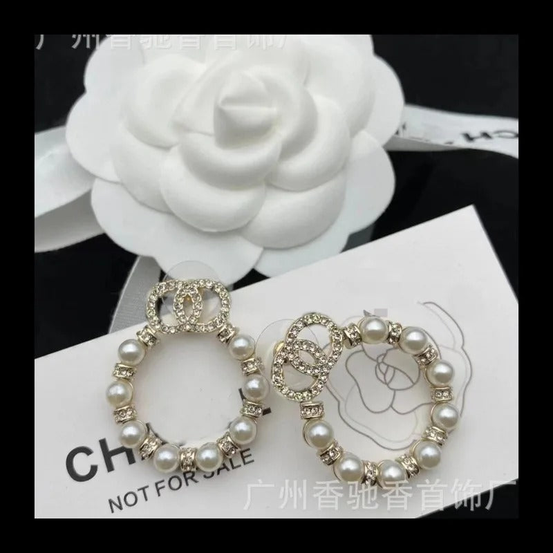 Elegant Double Diamond Pearl Earrings Chic Round Design Earrings for Women with Timeless Style