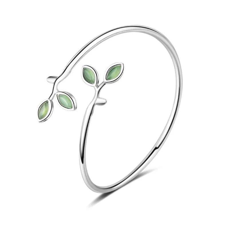 New Beautiful Sprout Exquisite Korean Style Fashion 925 Sterling Silver Jewelry Bracelets Literary Leaves Crystal Bangles