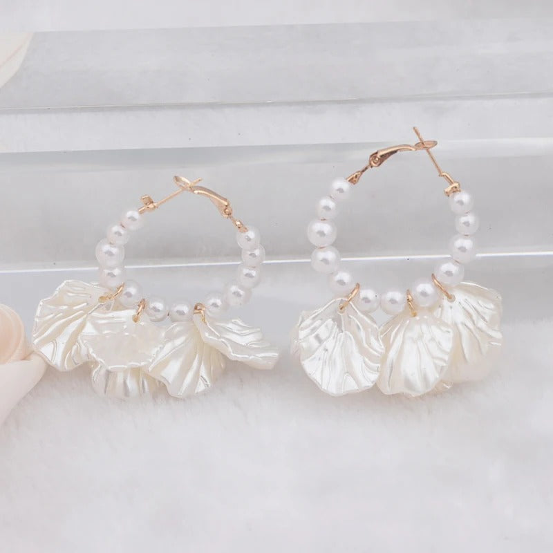 Shell Flower Dangle Earrings Women Pearl Beads Jewelry