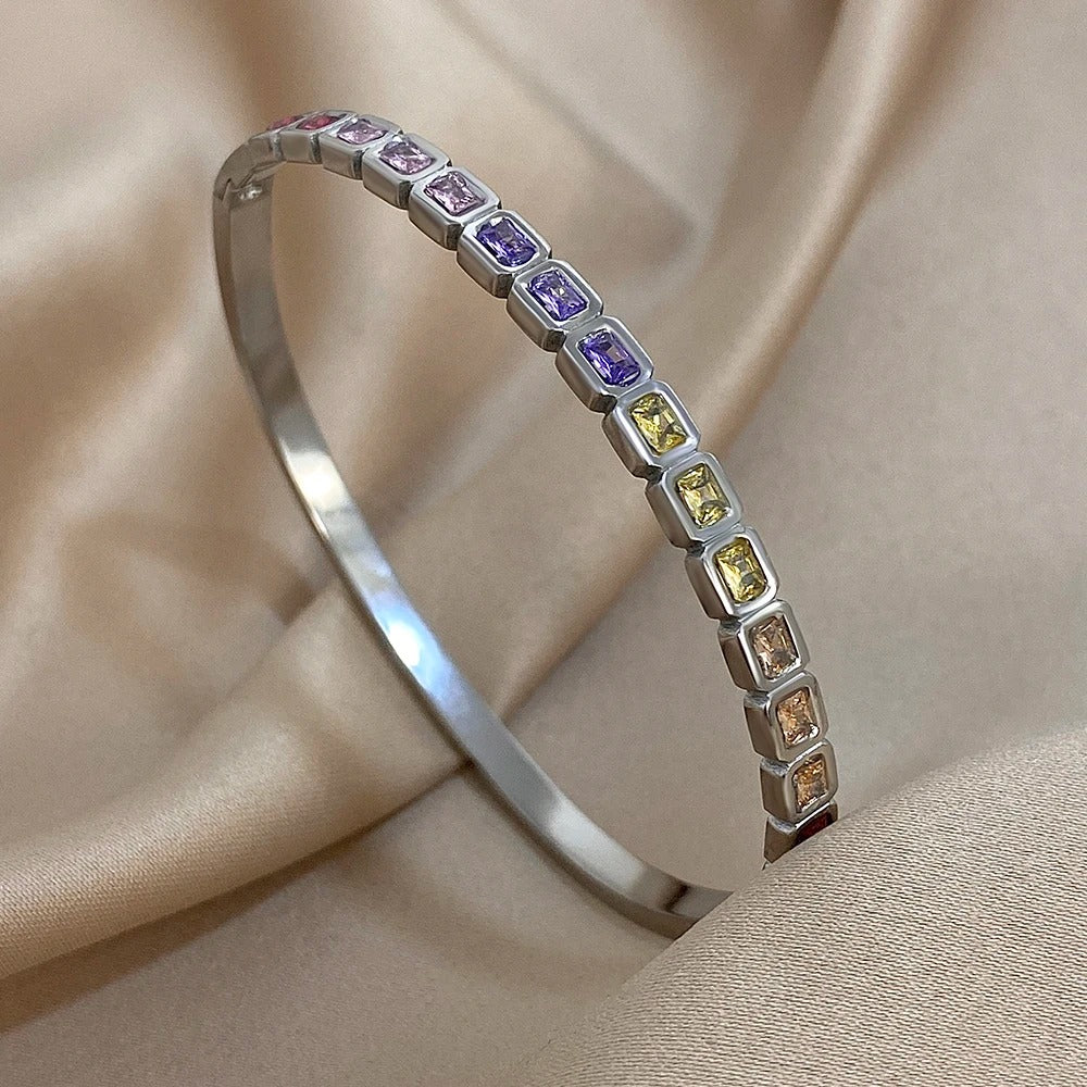 Colorful Zircon Square Beads Stainless Steel Bracelets for Women Trendy Gold Silver Color Stacked Cuff Bangle Waterproof Jewelry