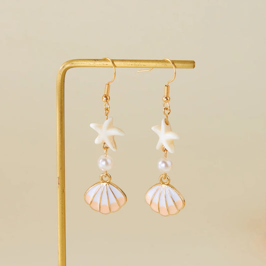 Handmade Boho Conch Shell Dangle Earrings Golden Metal Ear Hooks