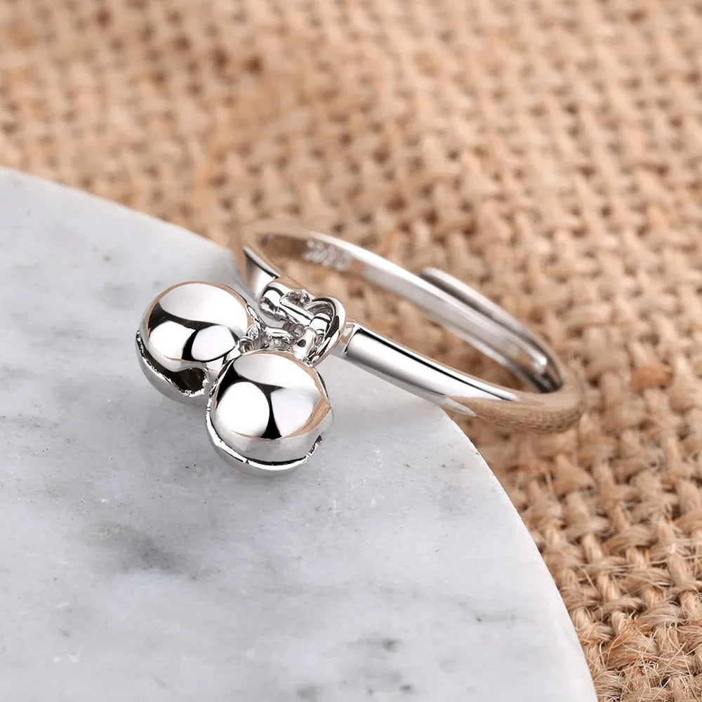 925 Silver Double Bell Open Ring Women Trendy Party Jewelry