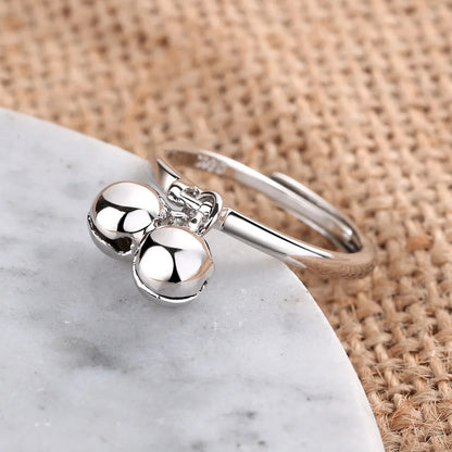 925 Silver Double Bell Open Ring Women Trendy Party Jewelry