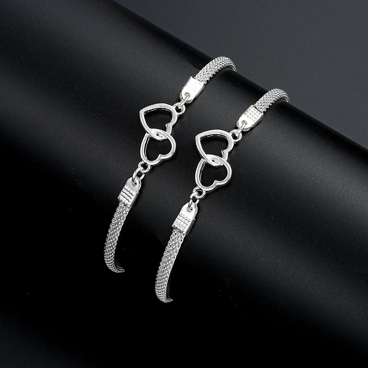 2PC Love Heart Couple Bracelets Silver Matching Jewelry Gift