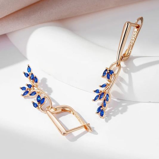 Blue Natural Zircon Leaf Shape Dangle Earrings For Women 585 Rose Gold Color Long Earrings Party Gift