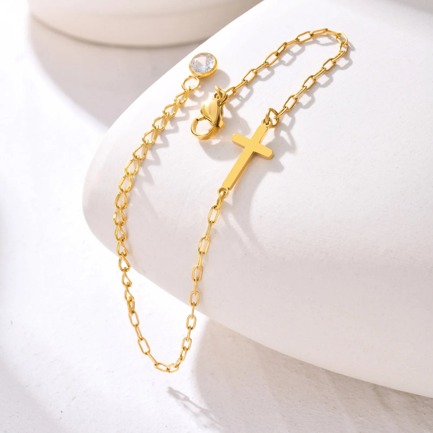 Stainless Steel CZ Cross Bracelet Small Square Chain Women