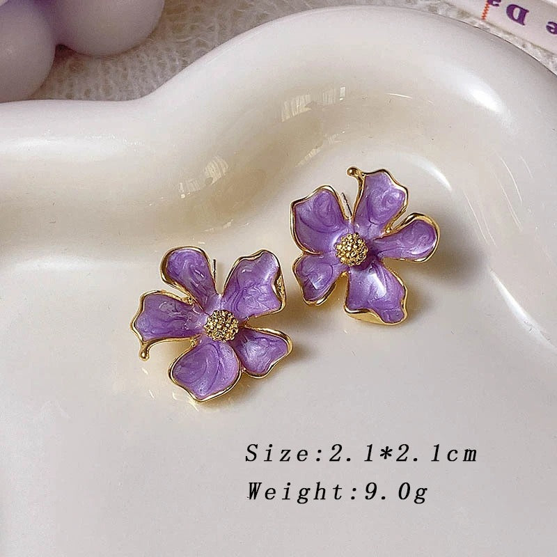 Purple Flower Stud Earrings Women Curled Petals Wedding Jewelry