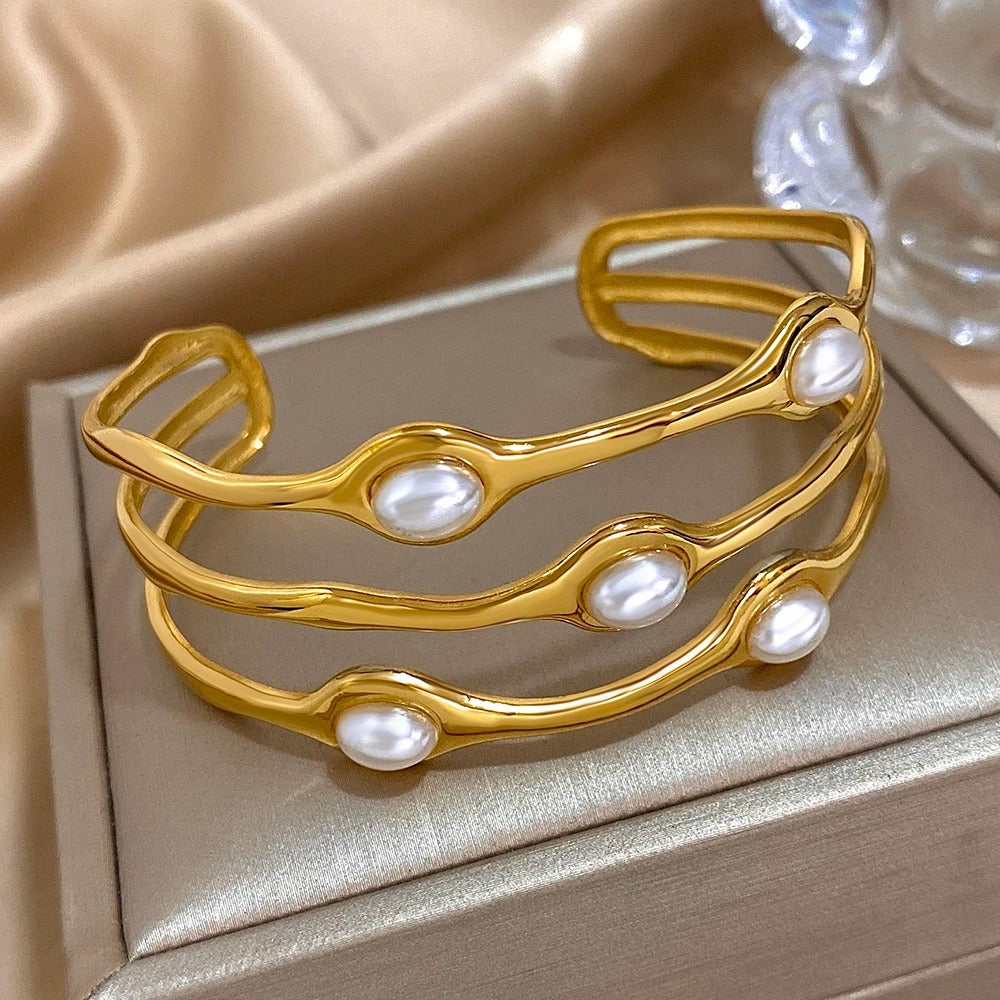 Vintage Layered Pearl Bangles Gold Plated Stainless Steel Cuff