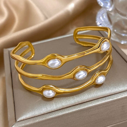 Vintage Layered Pearl Bangles Gold Plated Stainless Steel Cuff