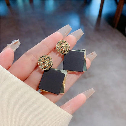 Double Color Rhombus Dangle Earrings Women Hollow Golden Jewelry