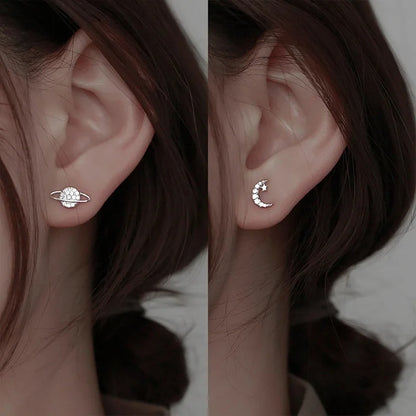 Simple Piercing Stud Earrings for Women Star Moon Zircon 925 Silver Needles Tragus Cartilage Asymmetry Pendiente Fine Jewelry