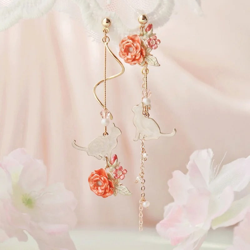 2025 New Korean Style Flower Dangle Earrings for Women Shiny Rhinestone Long Tassel Cute Cat Earring Sweet Jewelry