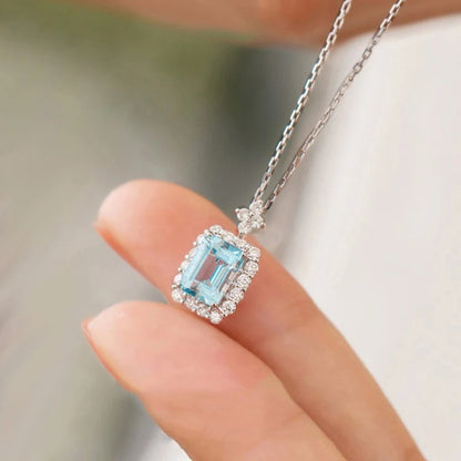 Fancy Geometric Pendant Necklace with Light Blue Cubic Zirconia Aesthetic Women's Clavicle Chain Necklace Wedding Jewelry