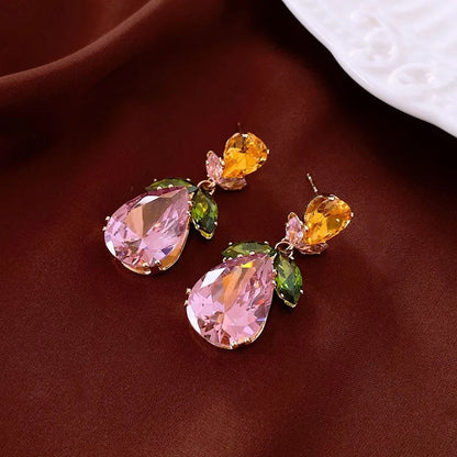 Pink Zircon Water Drop Flower Dangle Earrings for Women