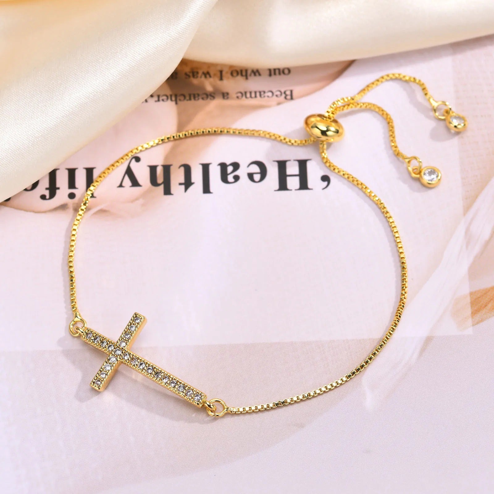 Pave Horizontal Cross Bracelet Women Zirconia Inlay, Adjustable Chain Sparkling Faith Jewelry