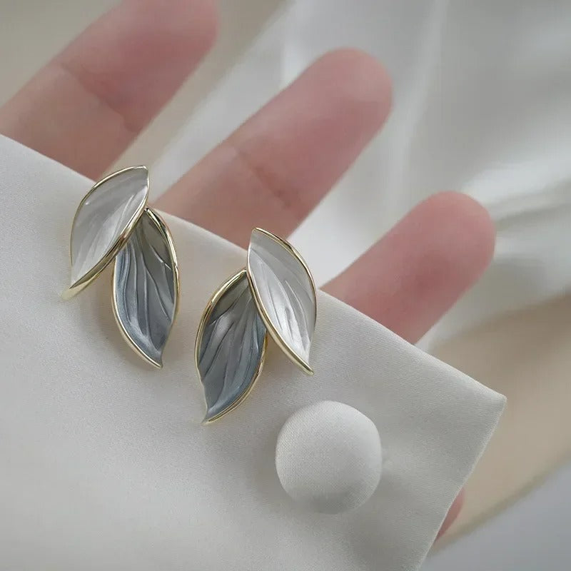Korean Grey Leaf Stud Earrings for Women Trendy Sweet Fashion Jewelry