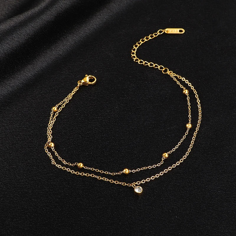 Minimalist Beaded Zircon Charm Double Layer Anklet Women
