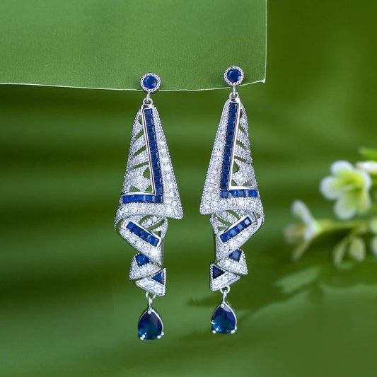 Chunky Cubic Zirconia Long Water Drop Royal Blue Dangle Earrings for Women Festival Party Accessories