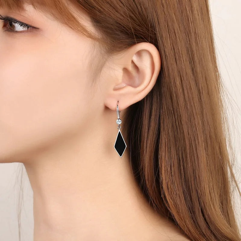 Women’s 925 Silver Rhombus Dangler Earrings Black Zircon Jewelry