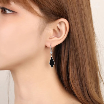 Women’s 925 Silver Rhombus Dangler Earrings Black Zircon Jewelry