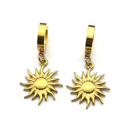 Sun Pendant Hoop Earrings Stainless Steel Gold for Men and Women