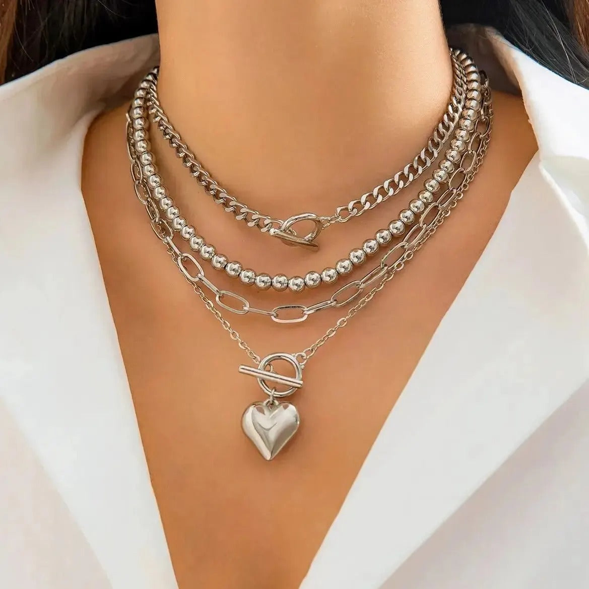 4Pcs/Set Punk Gold Color Heart Pendant Necklace for Women 2025 Trendy Beaded Neck Chain Choker Jewelry Accessories