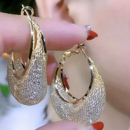 Shiny Mesh Hoop Earrings Rhinestone Inlaid Elegant Party Jewelry