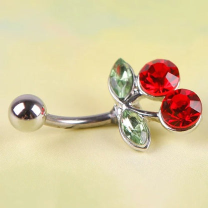 Pretty Rhinestone Red Cherry Navel Belly Button Barbell Ring Body Piercing