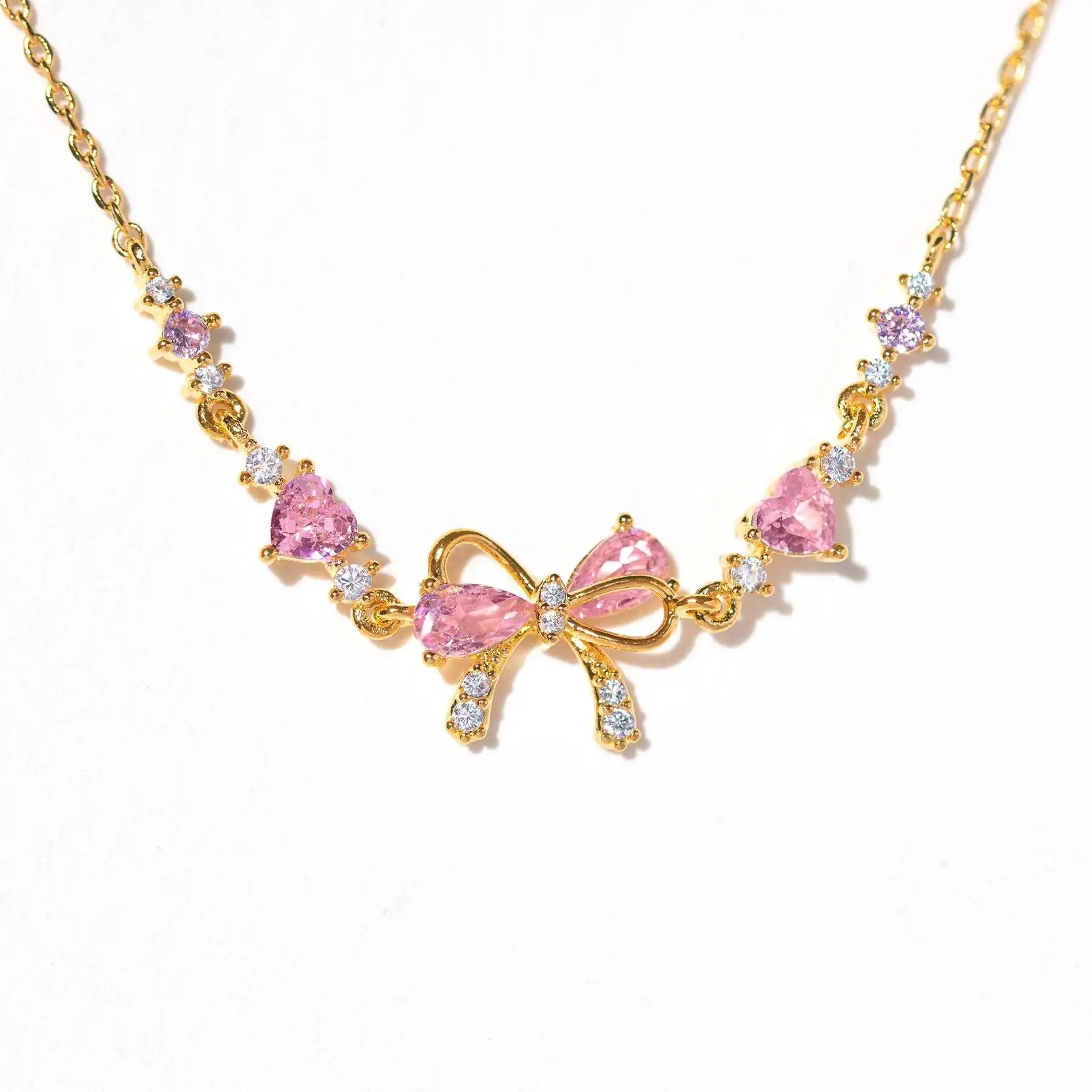 Y2K Exquisite Sweet Pink Zircon Bowknot Stainless Steel Love Heart Chain Bracelet for Women Girls Party Birthday Jewelry Gifts