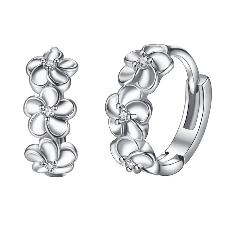 Luxury Silver Flower Hoop Earrings Crystal Zircon Dangle Women