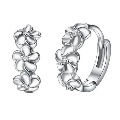 Luxury Silver Flower Hoop Earrings Crystal Zircon Dangle Women