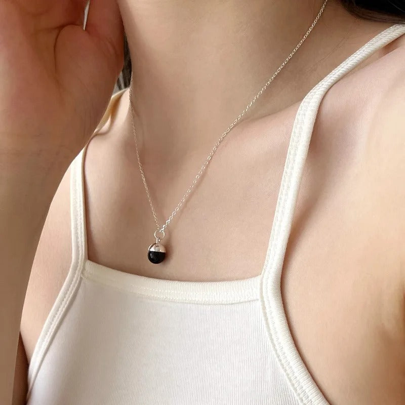 925 Sterling Silver Necklace Black Ball Simple Pendant Punk Geometric for Women Girl Jewelry Gift