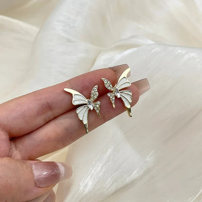 Butterfly Stud Earrings for Women White Enamel & Crystal Wings
