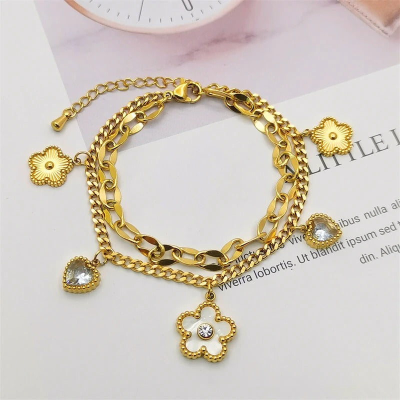 Kuziduocai 316L Stainless Steel Seashell Heart Flowers Charm Bracelet