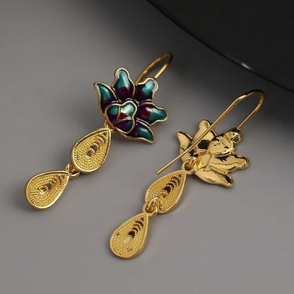 Blue Lotus Flower Drop Earrings for Women Gold Teardrop Statement Jewelry Gift