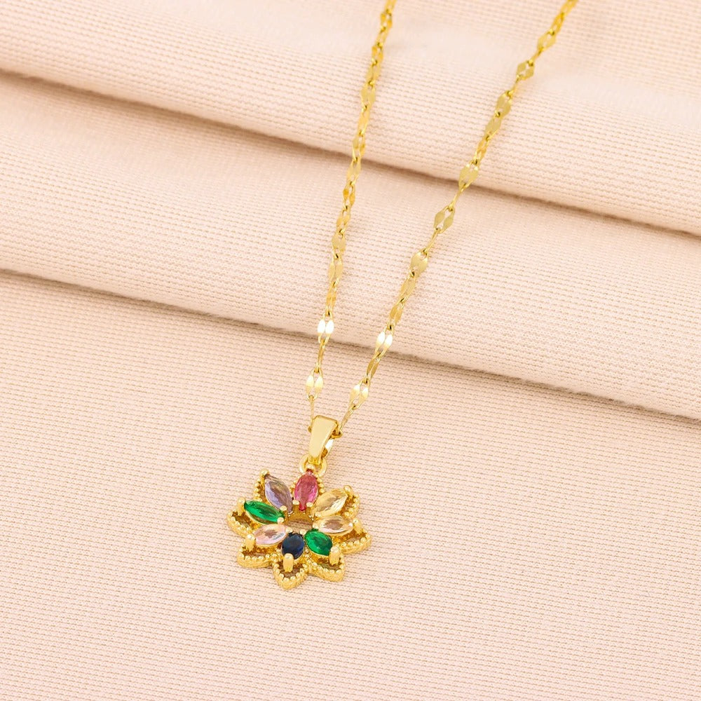 New In Fashion 7 Colors Zircon Crystal Flower Pendant Necklaces For Women Trendy Female Stainless Steel Chain Ladies Accessories