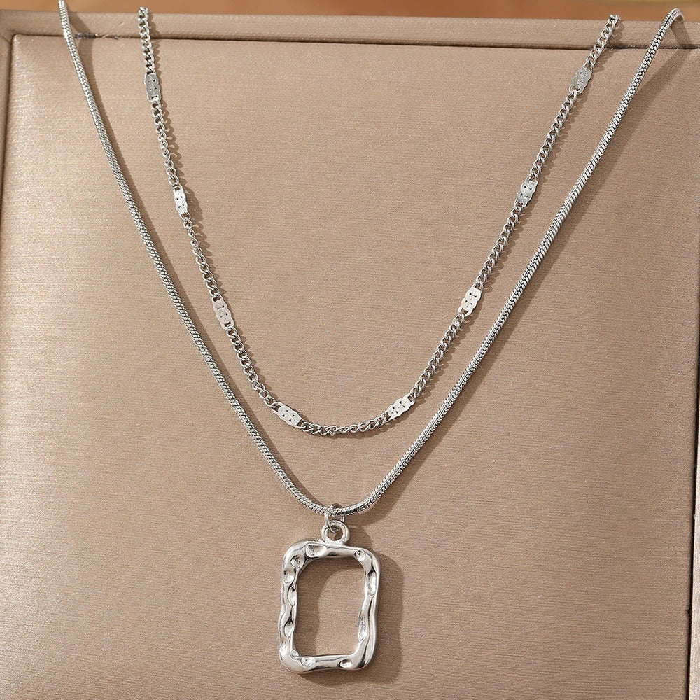 Stainless Steel Necklace Classic Fashion Openwork Square Pendant Layer Chain Necklace For Women Jewelry Party Personalized Gifts
