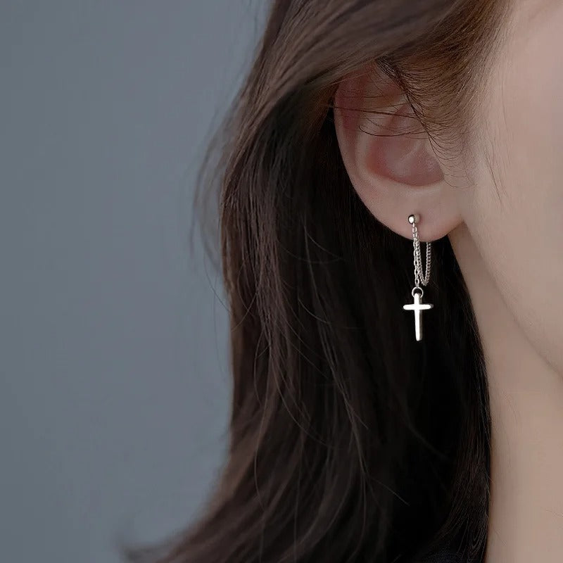 Silver Color Cross Drop Earrings for Women Men Gothic Hip Hop Long Tassel Hanging Earring Jewelry