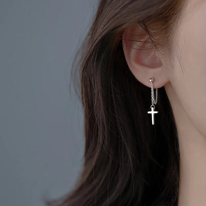 Silver Color Cross Drop Earrings for Women Men Gothic Hip Hop Long Tassel Hanging Earring Jewelry
