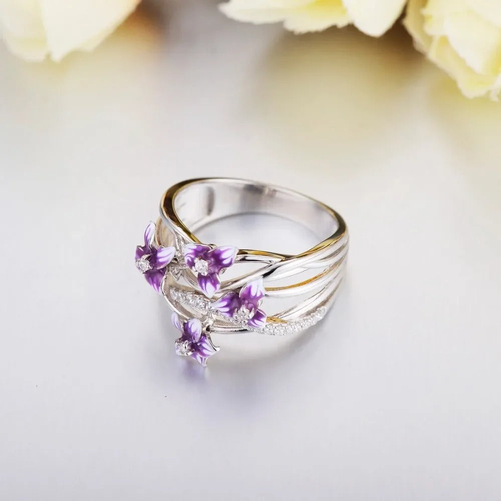 925 Sterling Silver Violet Daisies Flower Zircon Ring for Women