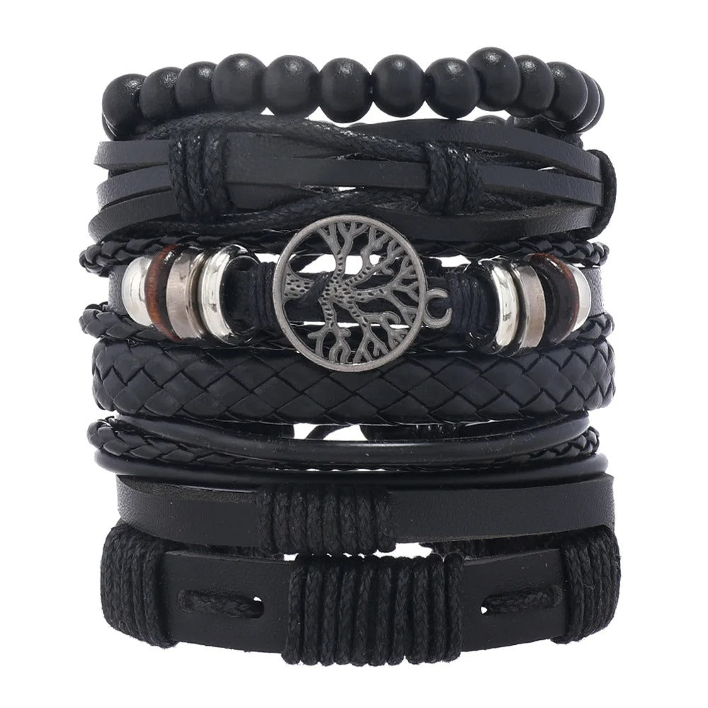 Red 6 Pc/set Tree Black Wrap Woven Handmade Wood Beads Bracelets Male Women Leather Bracelets Men Bangle Jewelry Gift