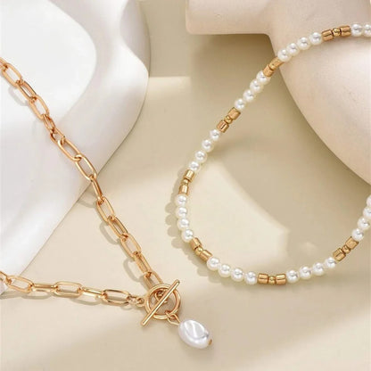 New Vintage Punk Metal Bead Chain Artificial Pearl Pendant Necklace For Women Boho Fashion Multilevel Jewelry Gift