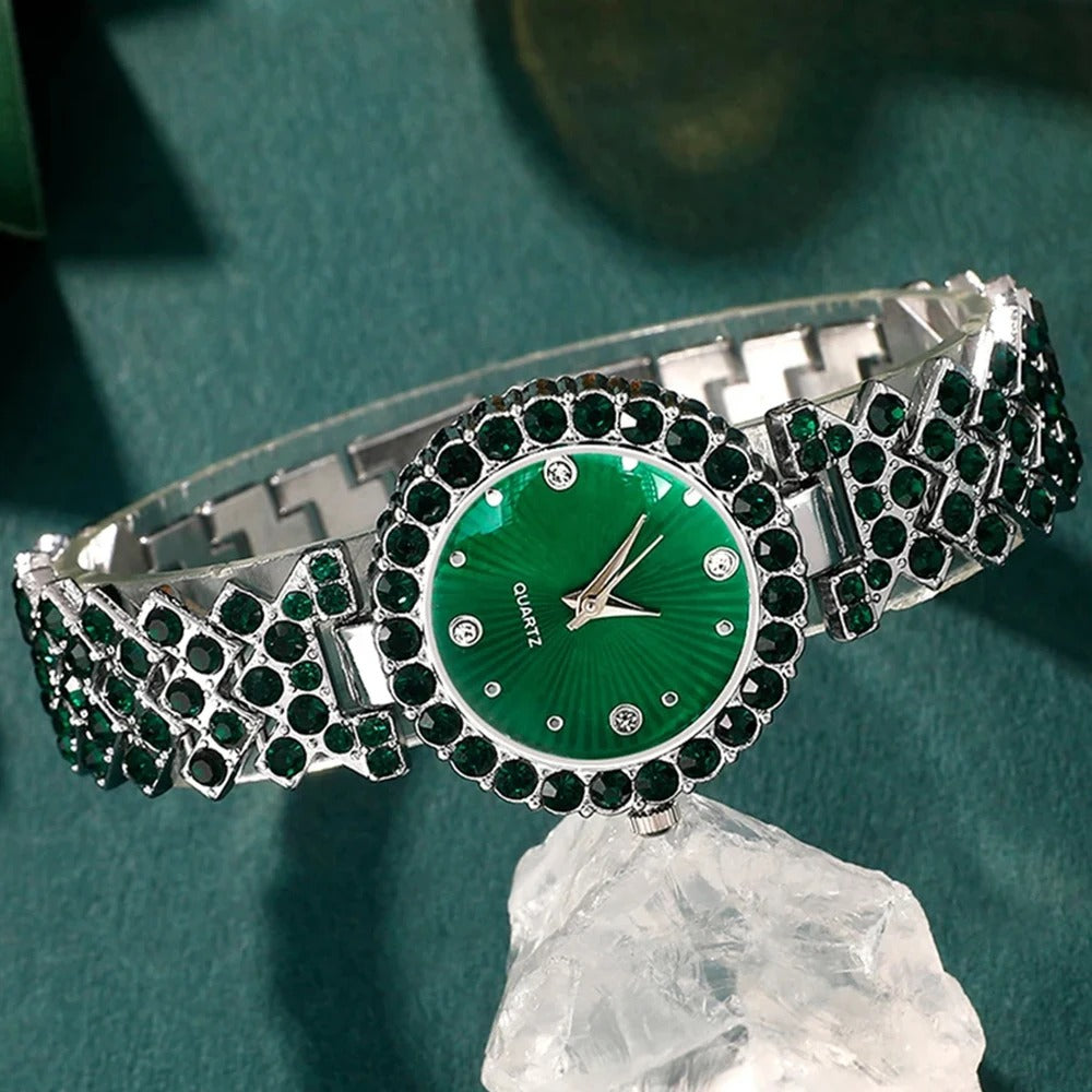Women Fashion Watches Heart Rhinestone Ring Necklace Earring Jewelry Set Luxury Dress Wrist Watch Simple Elegant Watch Gift