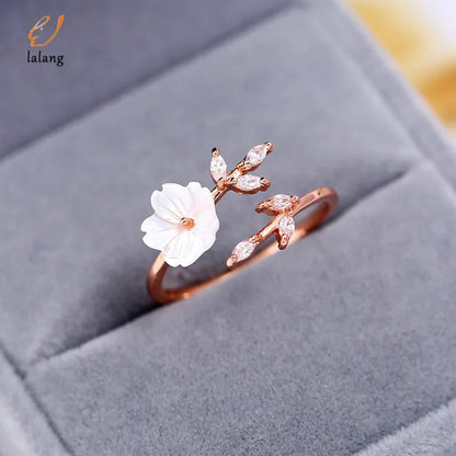 Women’s Adjustable Zircon Leaf Shell Flower Ring Rose Gold Jewelry