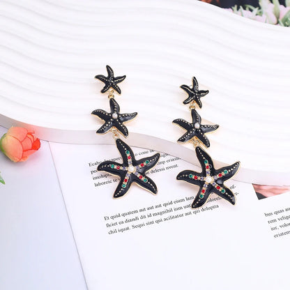 Cute Starfish Seashell Simulated Pendant Stud Earrings Colorful Rhinestone Inlaid Exquisite Starfish Strings Earring Accessory