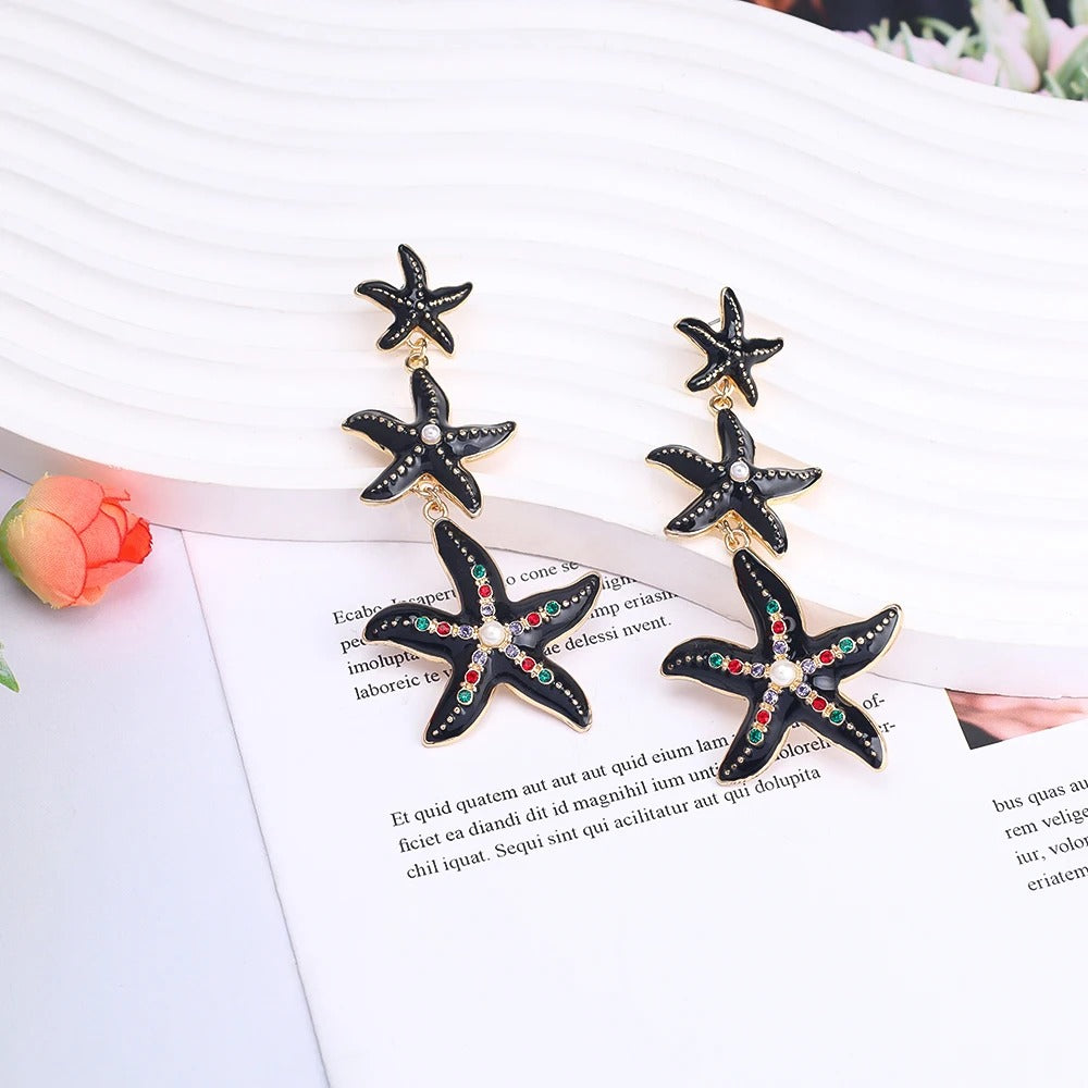 Cute Starfish Seashell Simulated Pendant Stud Earrings Colorful Rhinestone Inlaid Exquisite Starfish Strings Earring Accessory