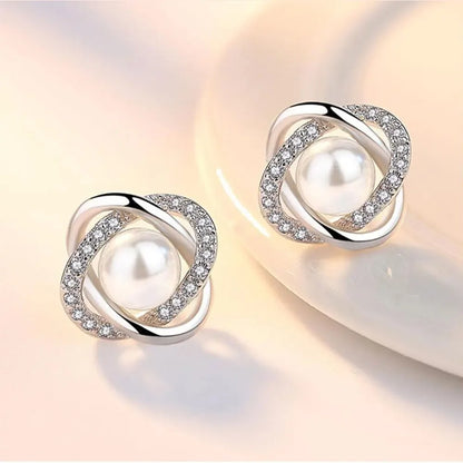 925 Sterling Silver Zircon Pearl Twist Stud Earrings for Women Luxury Elegant Fine Jewelry