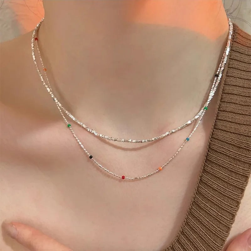 Pure 925 Sterling Silver Rainbow Bean Chain Necklace Women Girls Jewelry
