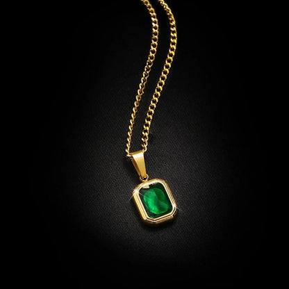 316L Stainless Steel Gold Plated Emerald Zirconia Geometric Square Pendant Necklace For Women Girls Temperament Jewelry