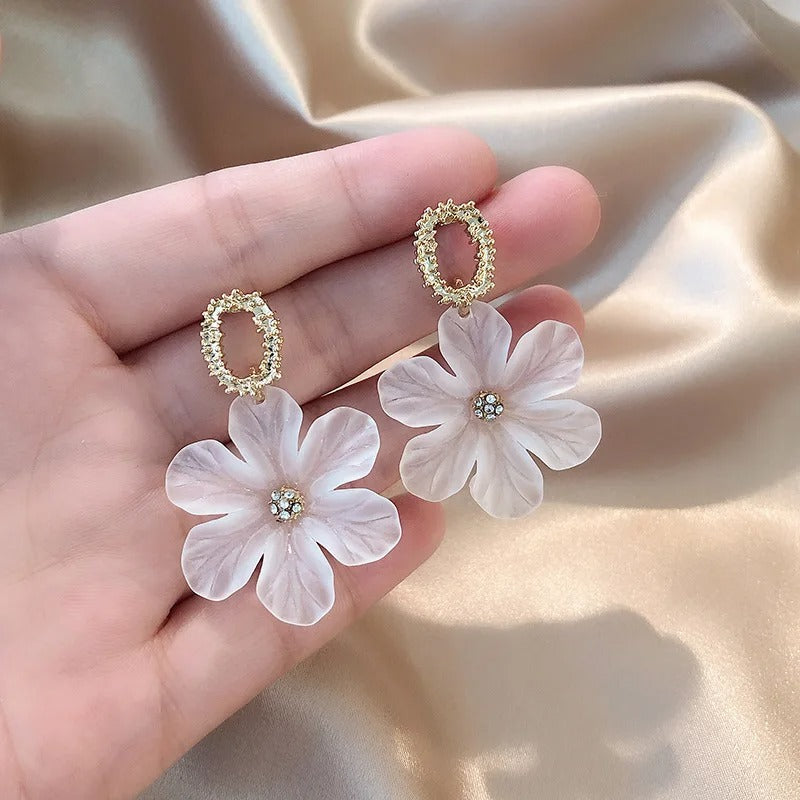 White Flower Dangle Earrings Women Big Floral Drop Jewelry